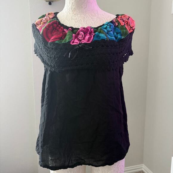 Boho Floral Embroidered Off Shoulder Peasant Top Black Crochet Festival Blouse M - Picture 5 of 10